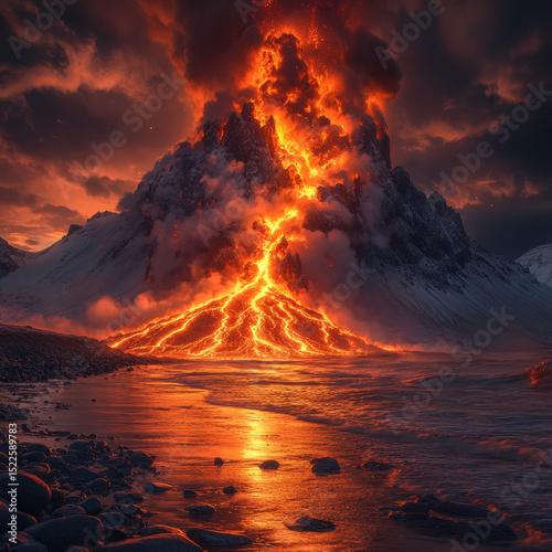 Volcano erupting into ocean spray.