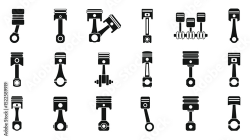 Car engine piston icons set. Collection of various engine pistons, highlighting diverse connecting rod and crankshaft configurations