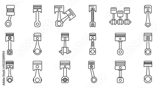 Car engine piston icons set. Various piston icons showcasing different designs and configurations, symbolizing engine performance and automotive mechanics