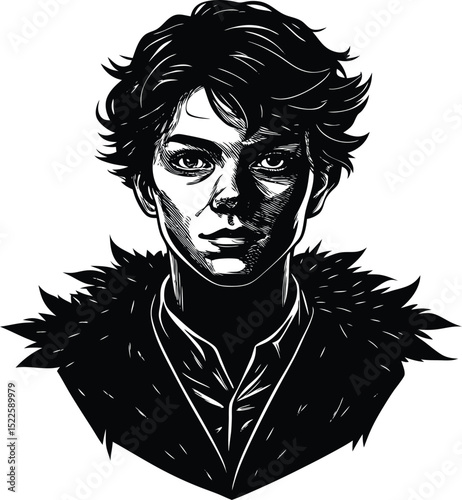 Young man face silhouette with messy hair and winter coat for character design or story illustrations