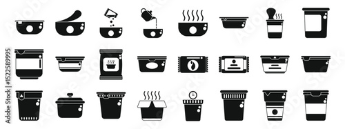 Instant soup icons set. Set of simple black icons representing various aspects of preparing instant noodles, from opening the package to enjoying the finished product