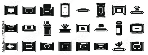 Wet wipes package icons set. Collection of wet wipe packages showcasing various dispensing methods, including pop up, resealable, and individually wrapped wipes, suitable for hygiene and cleaning