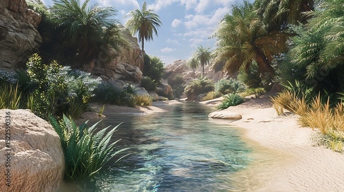 A hidden desert oasis with a clear river and lush palm trees