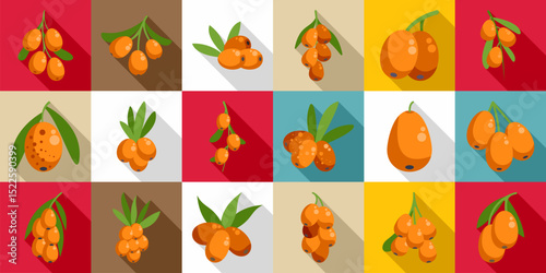 Sea buckthorn icons set. Collection of sea buckthorn icons in flat design with long shadow, depicting clusters of ripe orange berries hanging from branches with vibrant green leaves