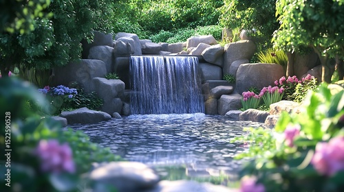 A beautiful garden waterfall flowing into a calm pond with flowers