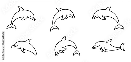 Six line art dolphins jumping and swimming
