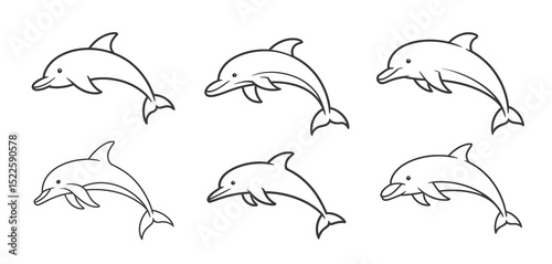 Six line art dolphins jumping and swimming