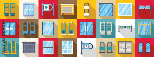 Shop entrance gate icons set. Collection of diverse public transport symbols and structures in colorful squares
