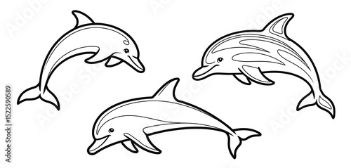 Three cartoon dolphins line art illustration