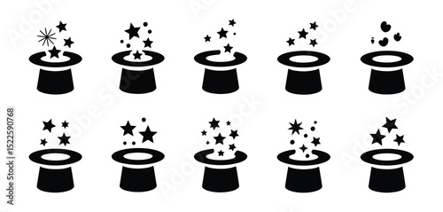 Magic hat icons set stars and hearts appear