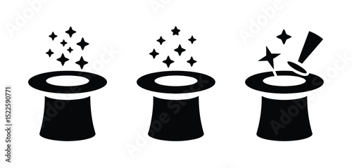 Magic hat icon set stages of a magic trick