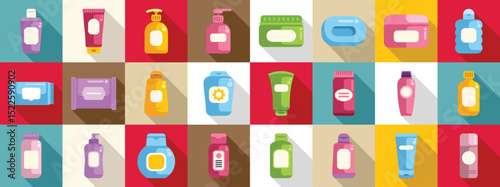 Baby cosmetics icons set. Assorted cosmetic bottles and packages in a vibrant grid layout