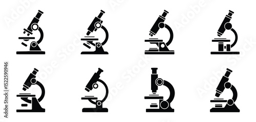 Eight black microscope icons set