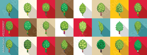 Birch broom icons set. Stylized tree illustrations forming a colorful grid pattern