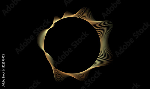 Abstract circle wave lines, gradient light equalizer gold wavy curve. Round frame in luxury golden color isolated on black background. Editable stroke. Vector illustration with copy space