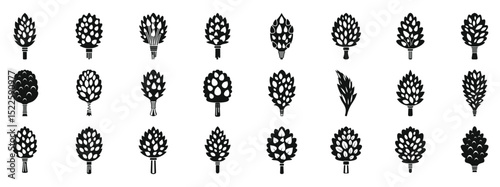 Birch broom icons set. Hop cones, essential for brewing, are depicted in various simple black silhouettes, highlighting their diverse forms and textures