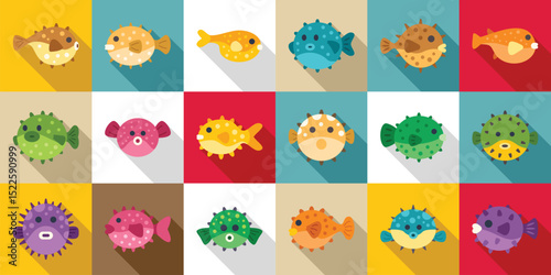 Puffer fish icons set. Flat design pufferfish icons showcasing various colors and styles, representing the diversity of marine life