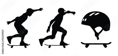 Skateboarder silhouettes with helmet and skateboard