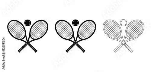 Tennis rackets and ball icon set black and white