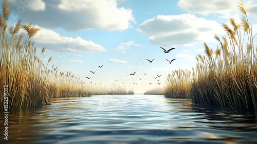Birds flying over a calm river through golden reeds on a bright day