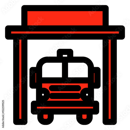 Black and white drawing of a fire truck parked in a garage.
