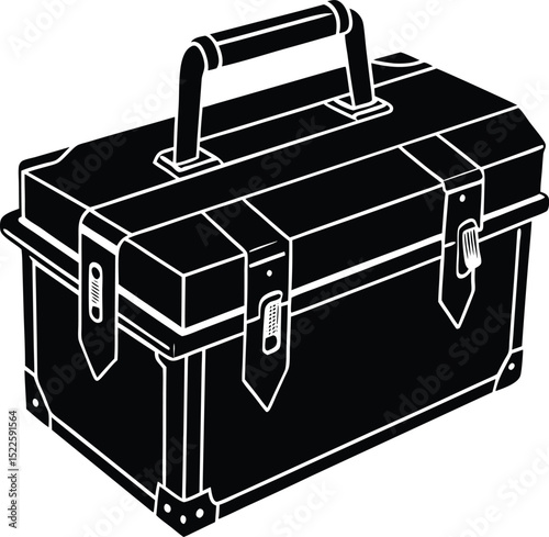 Black silhouette of a classic metal toolbox with secure latches and sturdy handle, ideal for mechanic illustrations