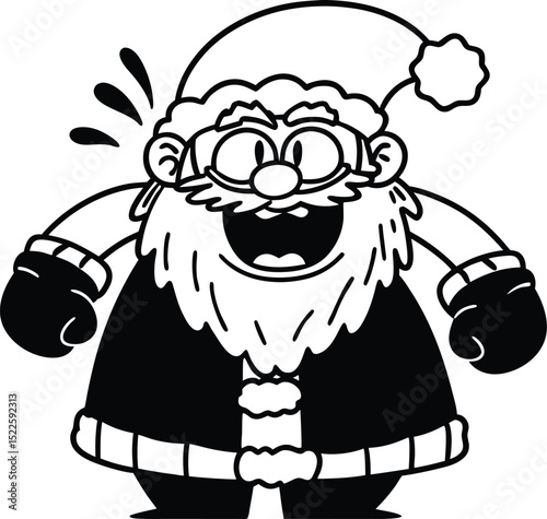 Black silhouette of a surprised cartoon Santa Claus with raised arms and classic outfit, great for Christmas humor graphics 