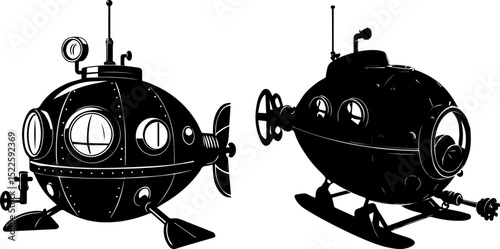 Retro Steampunk Submarine Set - Underwater Exploration and Fantasy Vehicles