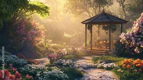 A beautiful garden with a gazebo at a misty golden sunrise