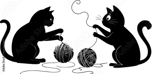 Playful Cats with Yarn Ball Silhouette - Cute Feline Fun