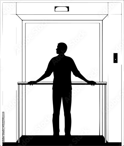 Man Inside Modern Elevator Silhouette - Vertical Transport & Building Interior