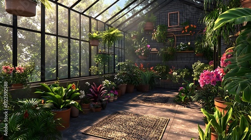 The interior of a lush greenhouse filled with various potted plants and flowers