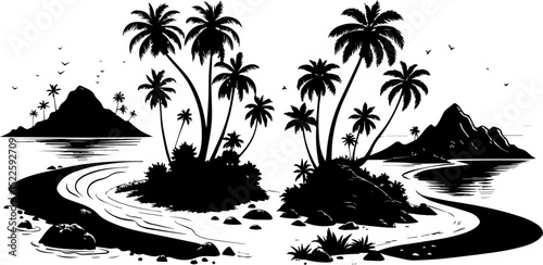 Idyllic Tropical Island Paradise Silhouette - Palm Trees and Ocean Scenery