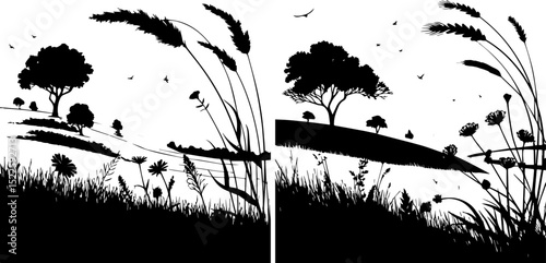 Windy Summer Field Silhouette - Grass, Flowers and Trees in Motion