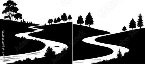 Winding River Through Rolling Hills Silhouette - Serene Nature Landscape