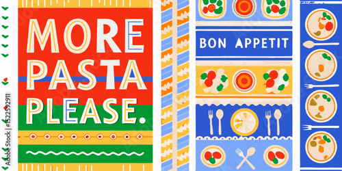 Colorful Pasta Illustration with Bon Appetit and More Pasta Please Text for Restaurant Decor and Menu Designs Food Illustration