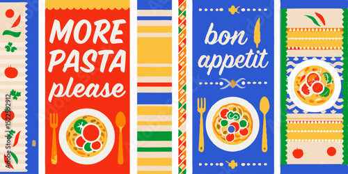 Colorful Whimsical Pasta and Italian Food Illustration with More Pasta Please and Bon Appetit Typography and Decorative Elements Retro Style