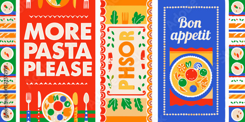 Colorful Pasta and Food Themed Graphic Art with More Pasta Please and Bon Appetit Messages for Restaurant or Kitchen Decor