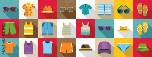 Male beach wear icons set. Vibrant summer clothing and accessories arranged in a grid pattern