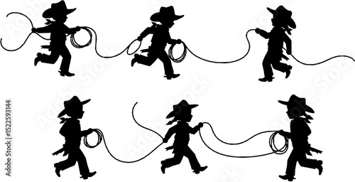 Vector silhouettes of a young cowboy and cowgirl children playing. A young little cowboy with a lasso rope is chasing and roping a young cowgirl.

