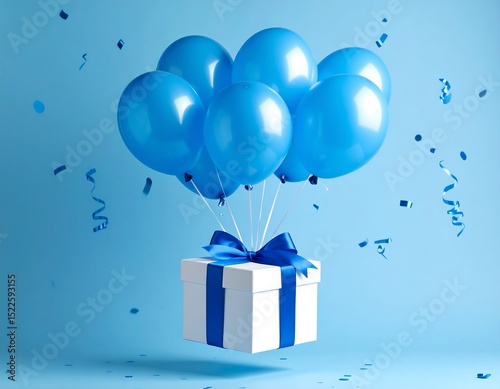 Blue balloons lift a gift box