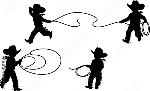 Vector silhouettes of a young cowboy and cowgirl children playing. A young little cowboy with a lasso rope is chasing and roping a young cowgirl.
