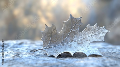 A close-up macro of a single frosted leaf on a frozen rock