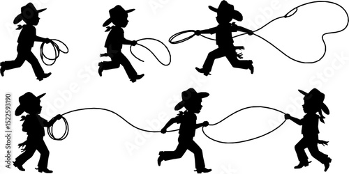 Vector silhouettes of a young cowboy and cowgirl children playing. A young little cowboy with a lasso rope is chasing and roping a young cowgirl.
