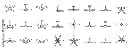 Ceiling fan icons set. Various ceiling fans are depicted, highlighting their diverse designs and blade configurations, emphasizing their role in circulating air and providing cooling comfort