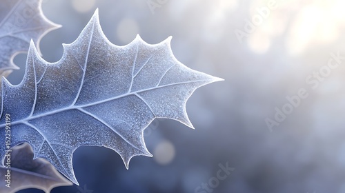 A macro shot of a frosted leaf with intricate veins against a soft blue background