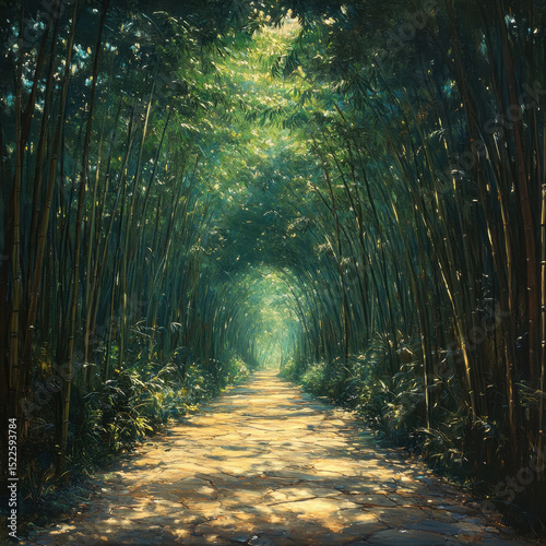 A path meanders through bamboo trees in a painting.