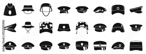 Military caps icons set. Various hat styles in silhouette showcasing military and casual designs