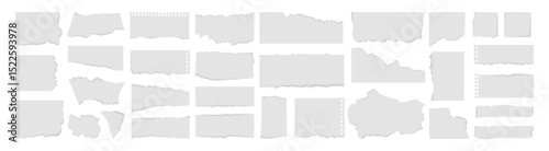 Torn paper edges on transparent background. Torn sheets of paper. Torn paper strips set. Sticky notes, shreds of notebook pages. Vector illustration