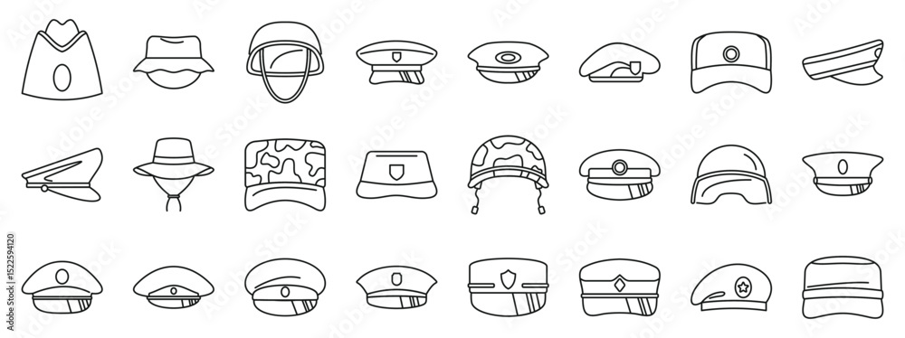 Military caps icons set. Set of outline icons representing various military and police uniform hats, signifying different ranks, roles, and branches of service Military caps icons set. Set of outline icons representing various military and police uniform hats, signifying different ranks, roles, and branches of service